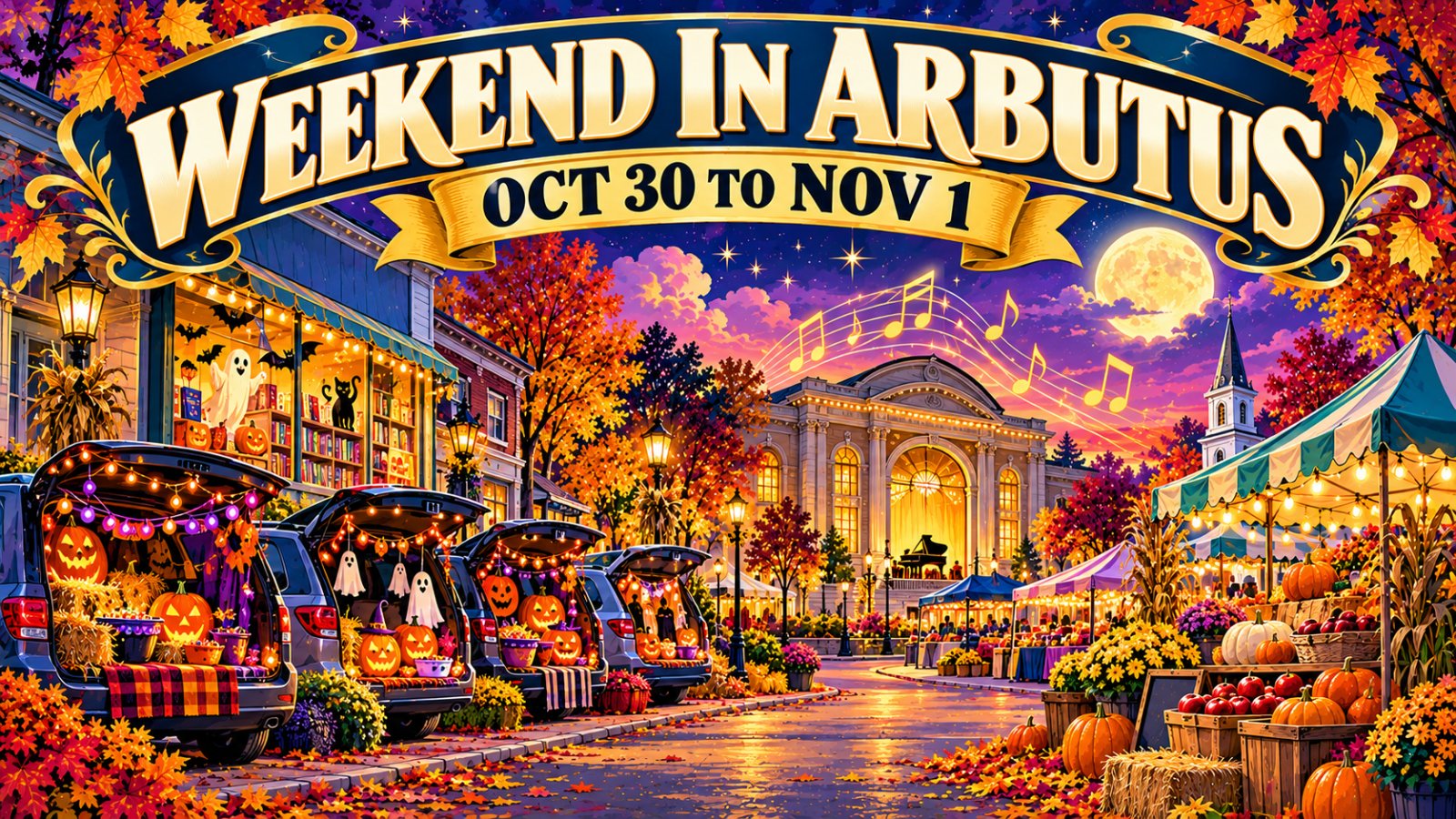Vintage travel poster style illustration of a Halloween weekend in a small Maryland town with jack-o-lanterns, a decorated car trunk, a concert hall and a farmers market tent