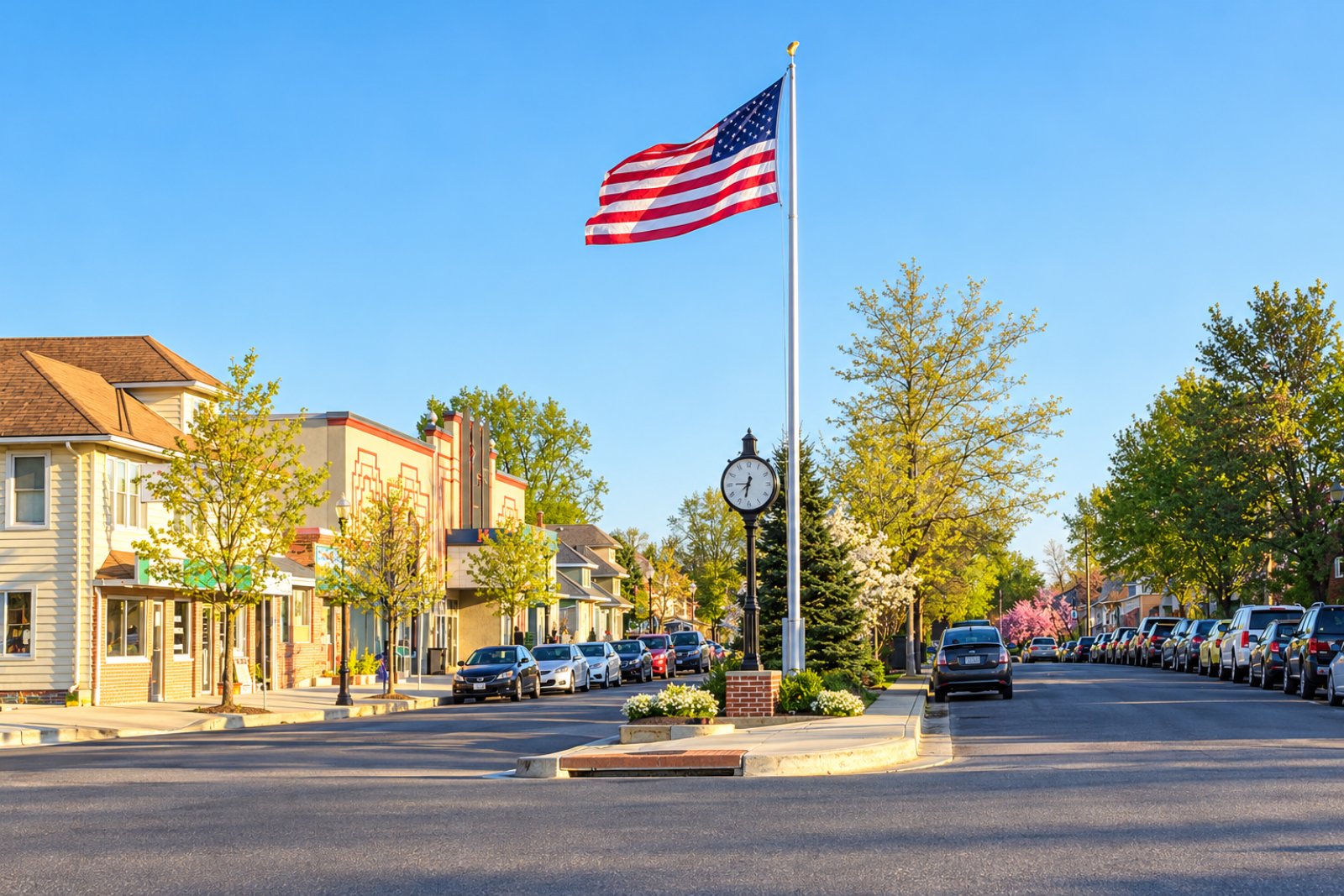 Storefronts and the flagpole in downtown Arbutus, Maryland