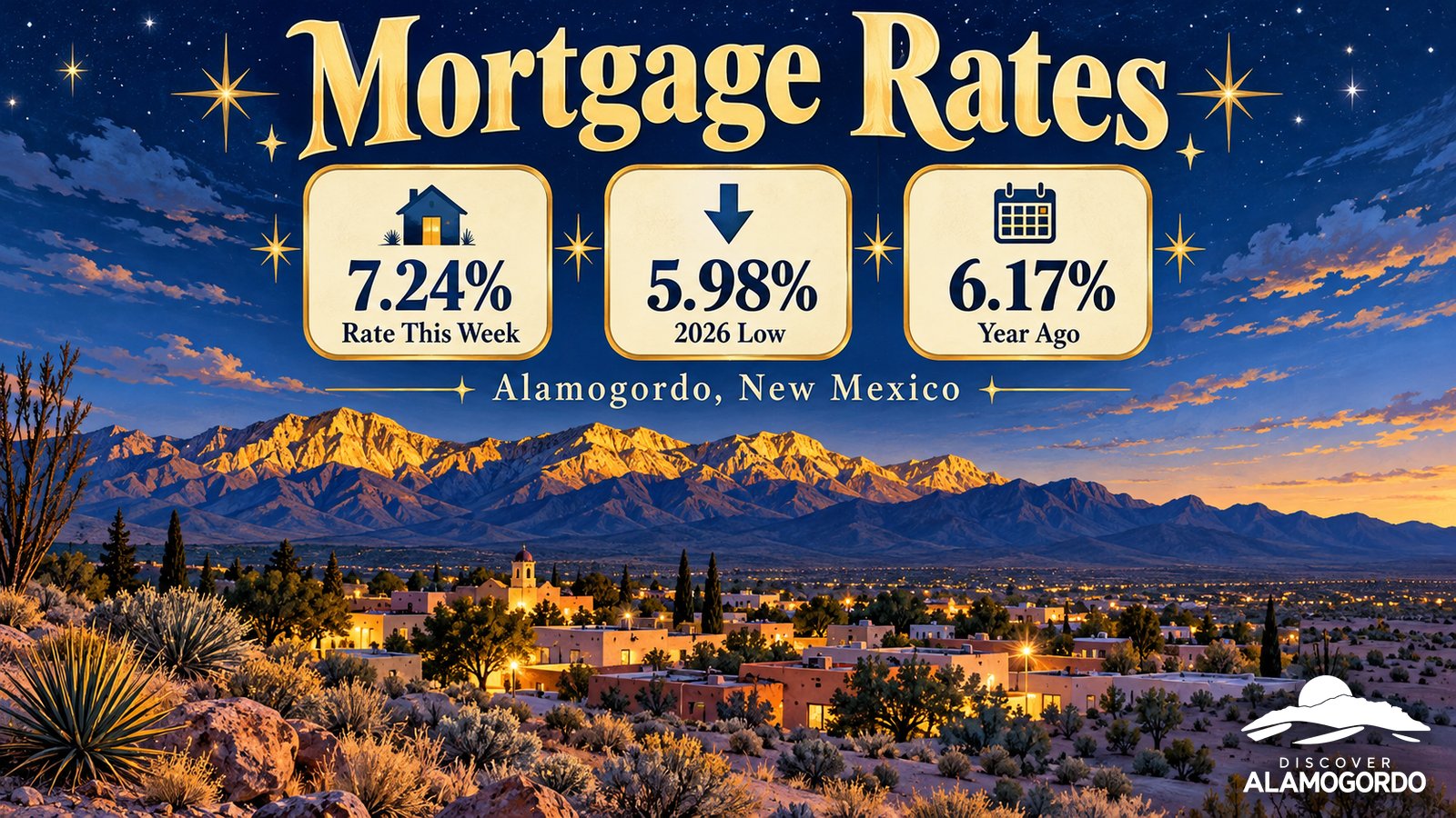 Illustrated vintage travel poster titled Mortgage Rates, with a twilight blue sky over Alamogordo rooftops and the Sacramento Mountains and stat tiles reading 7.24% Rate This Week, 5.98% 2026 Low and 6.17% Year Ago
