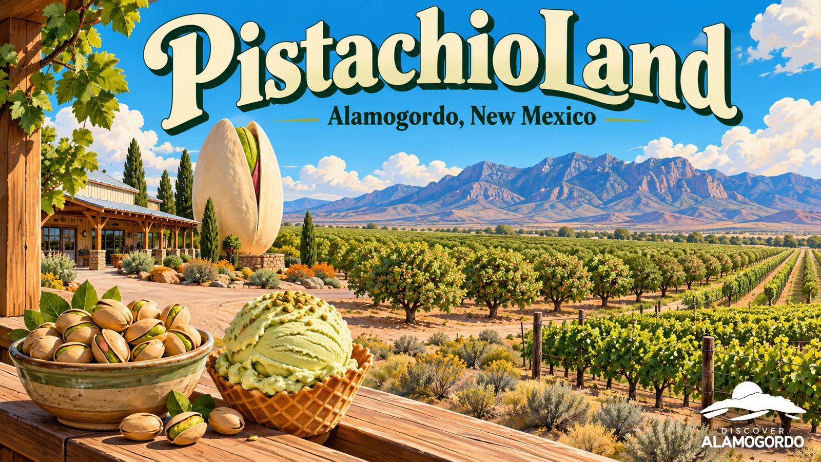 Illustrated vintage travel poster of a giant pistachio sculpture beside rows of green pistachio trees and a vineyard under a bright blue sky with the Sacramento Mountains behind, titled PistachioLand, Alamogordo