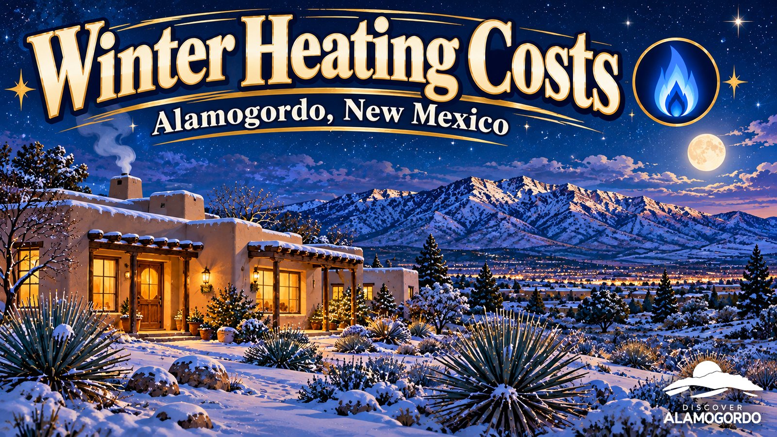 Illustrated vintage poster of a cozy adobe home glowing warmly on a snowy blue winter night in the desert, with a blue gas flame icon and the words Winter Heating Costs, Alamogordo
