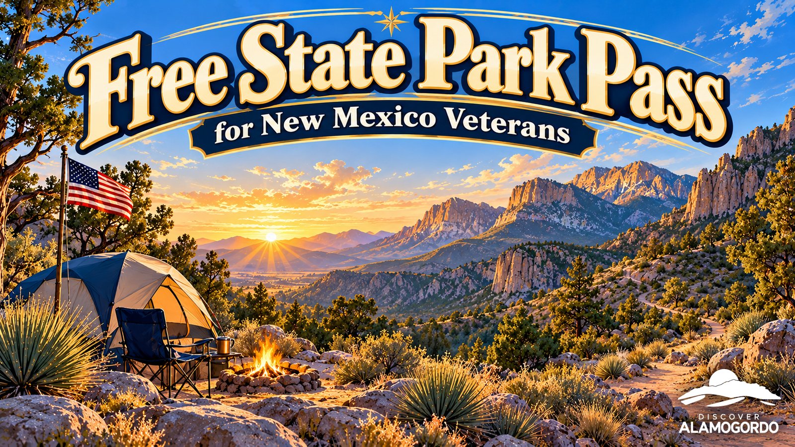 Illustrated vintage travel poster of a campsite with a tent and an American flag at the foot of desert mountains at sunrise in navy, gold and soft green, titled Free State Park Pass for New Mexico Veterans