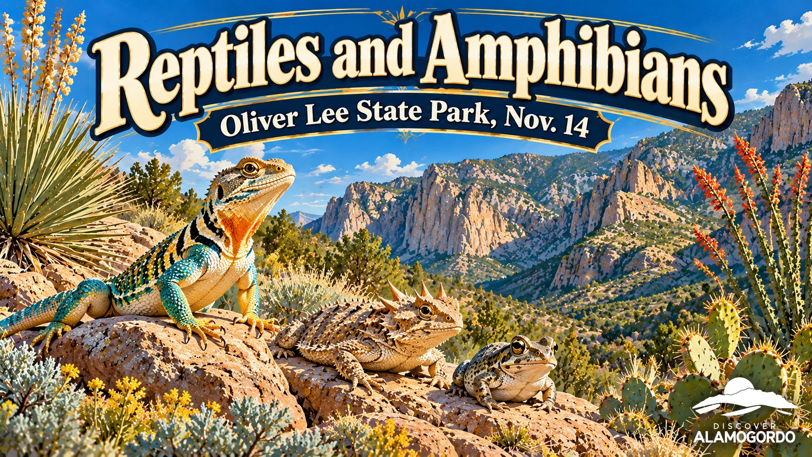 Illustrated vintage poster of a collared lizard, a horned lizard and a spadefoot toad on desert rocks below Dog Canyon in the Sacramento Mountains, in teal, sage green and gold, titled Reptiles and Amphibians, Oliver Lee State Park, Nov. 14