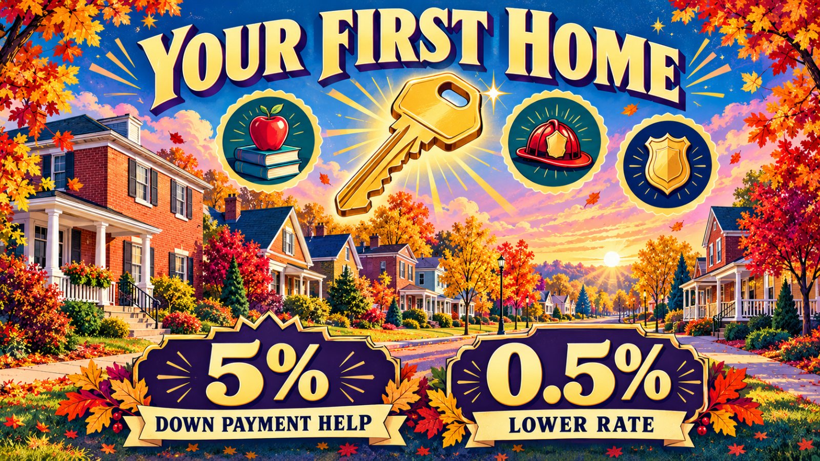 Vintage travel poster of a cozy rowhouse and duplex street with a key, a school apple and a fire helmet icon above stat tiles