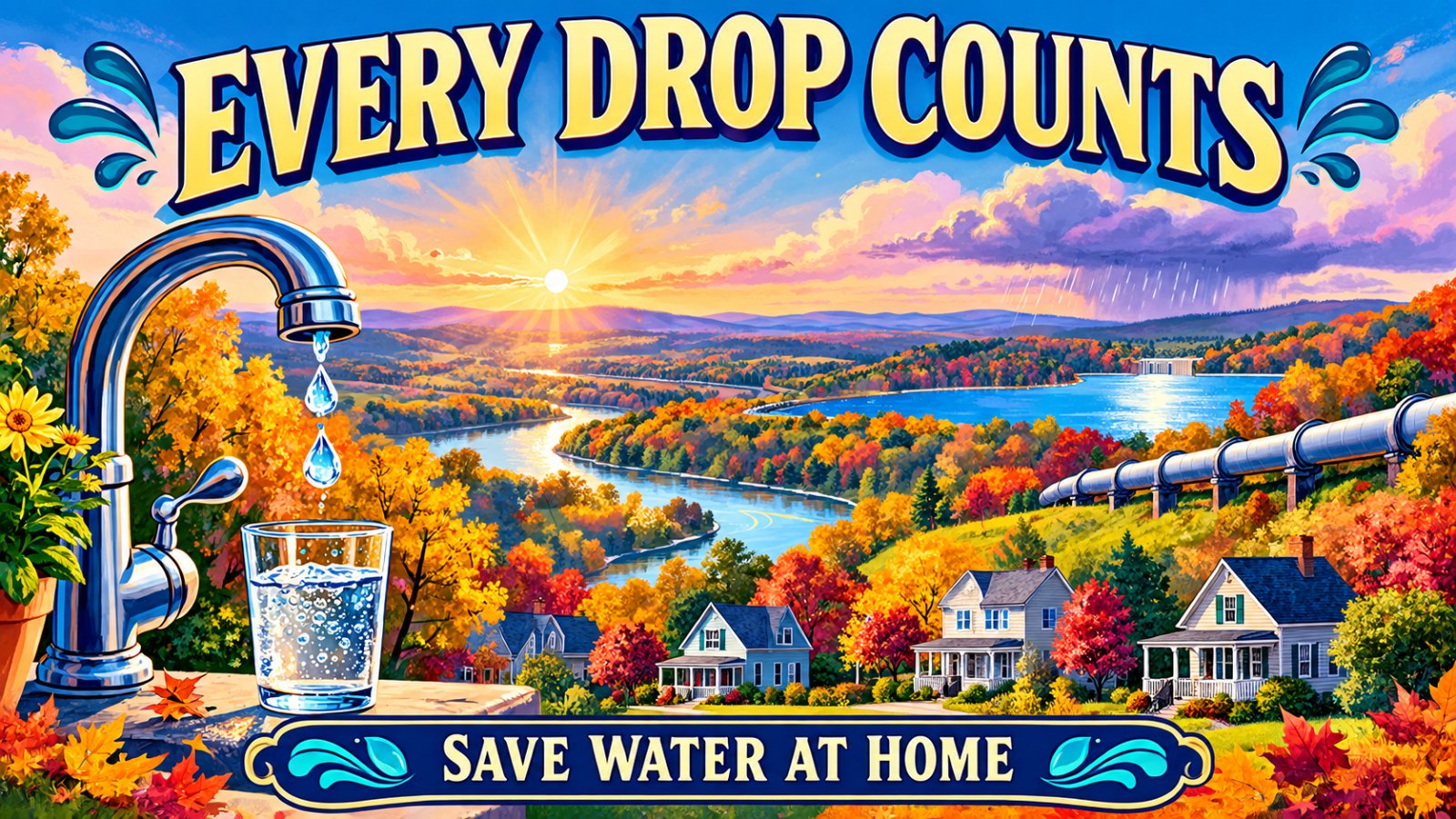 Vintage travel poster of a winding river flowing toward a blue reservoir and a friendly kitchen faucet with water drops
