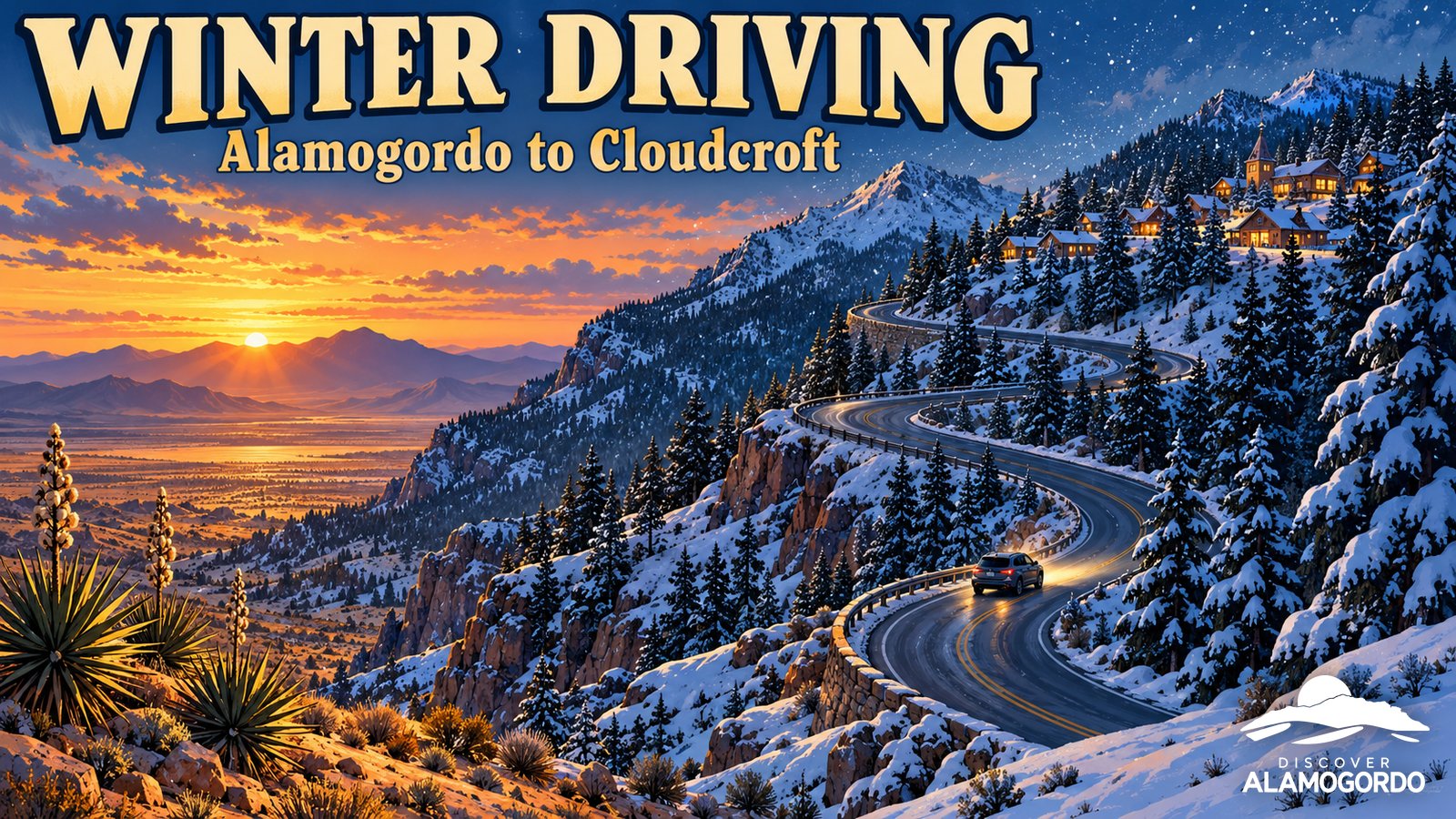 Illustrated vintage travel poster of a winding mountain highway climbing from the desert into snowy pine forest under a twilight blue sky