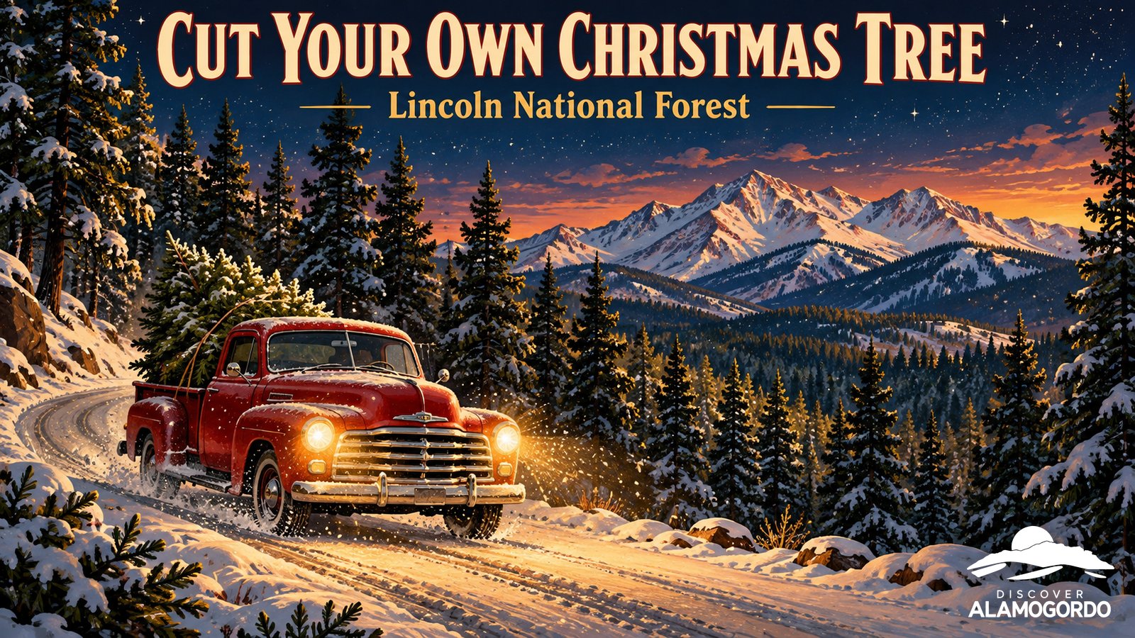 Illustrated vintage holiday poster of a red pickup truck carrying a fresh cut Christmas tree out of a snowy pine forest at dusk