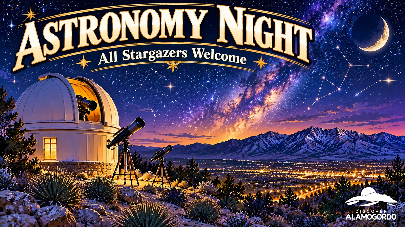 Illustrated vintage poster of a hilltop observatory dome and telescopes under a purple starry sky with the Milky Way and desert mountains below