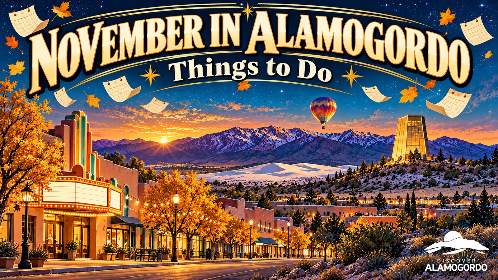 Illustrated vintage travel poster of Alamogordo in late autumn with a dusk sky, a museum tower, a hot air balloon, desert mountains and calendar pages floating above