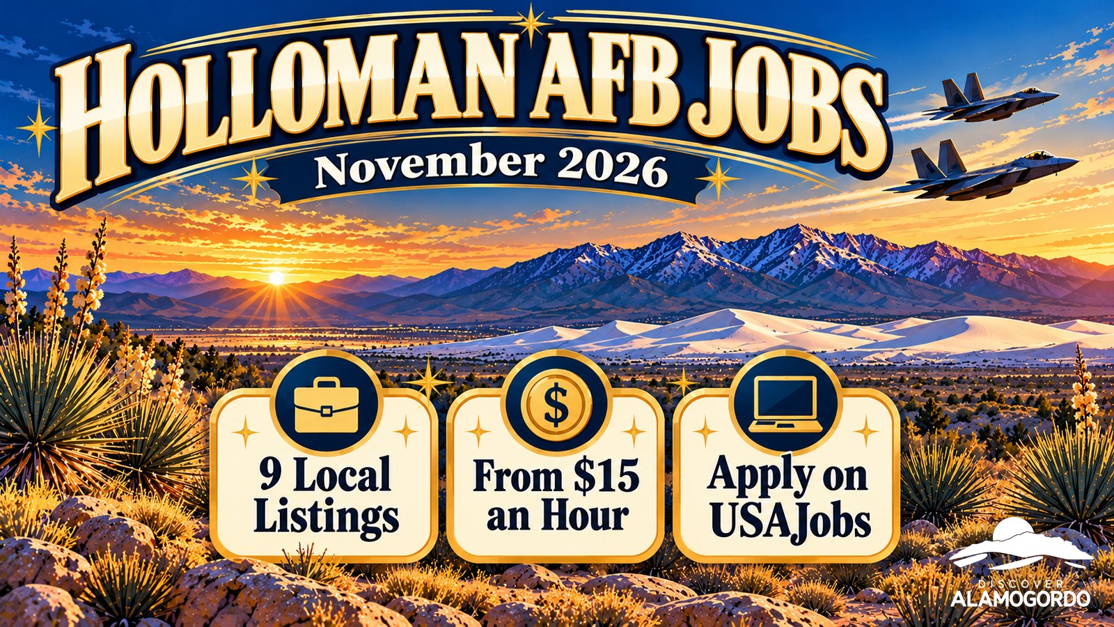 Illustrated poster with three stat tiles reading 9 local listings, from $15 an hour and apply on USAJobs over a desert sunset with jets and mountains