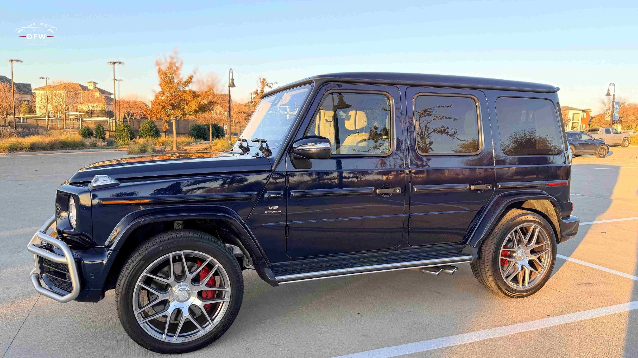 Mercedes AMG G63 G Wagon rental in Dallas exterior view Blue