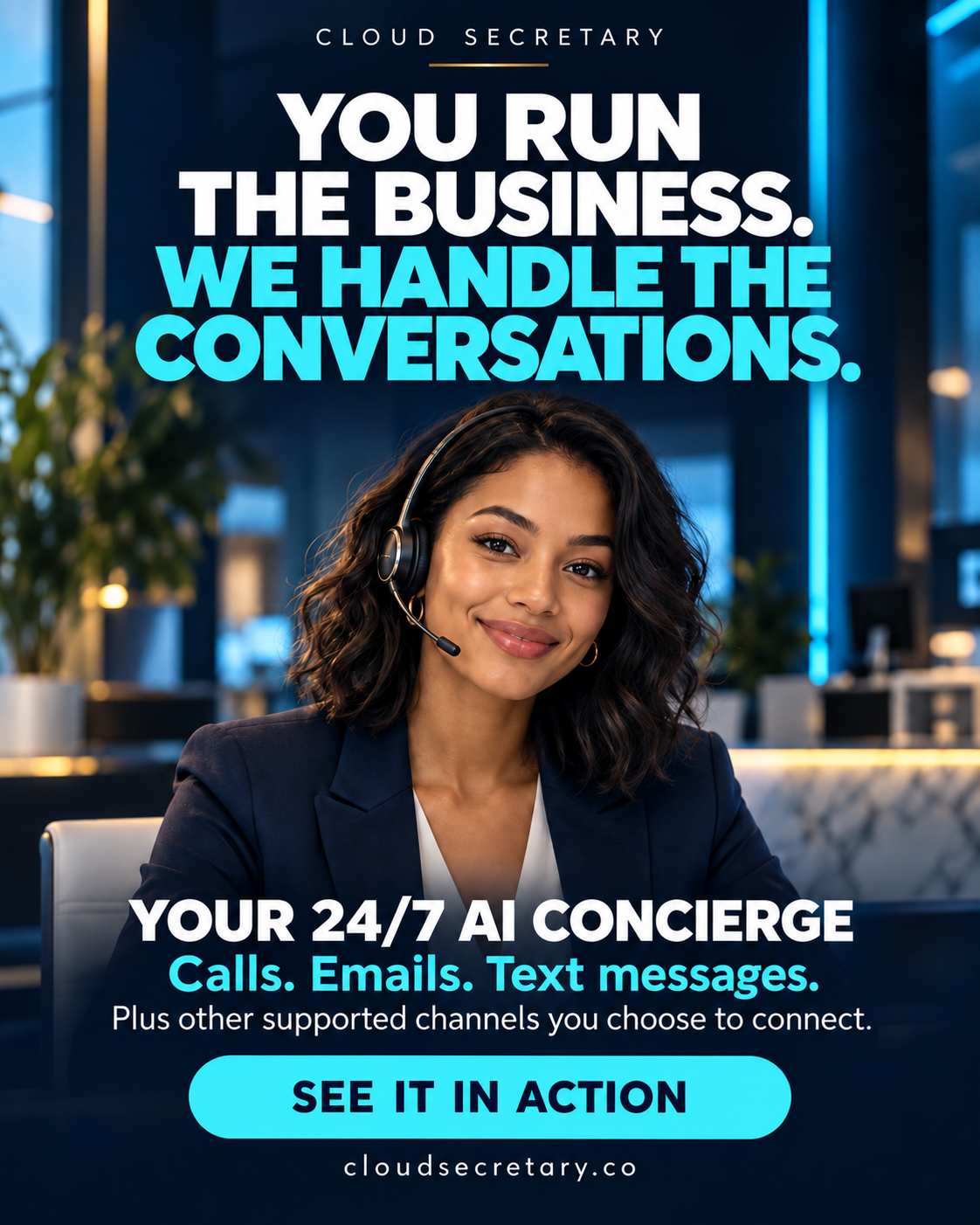 You run the business. We handle the conversations. Your 24/7 AI concierge for calls, emails, text messages, and other supported channels you choose to connect.