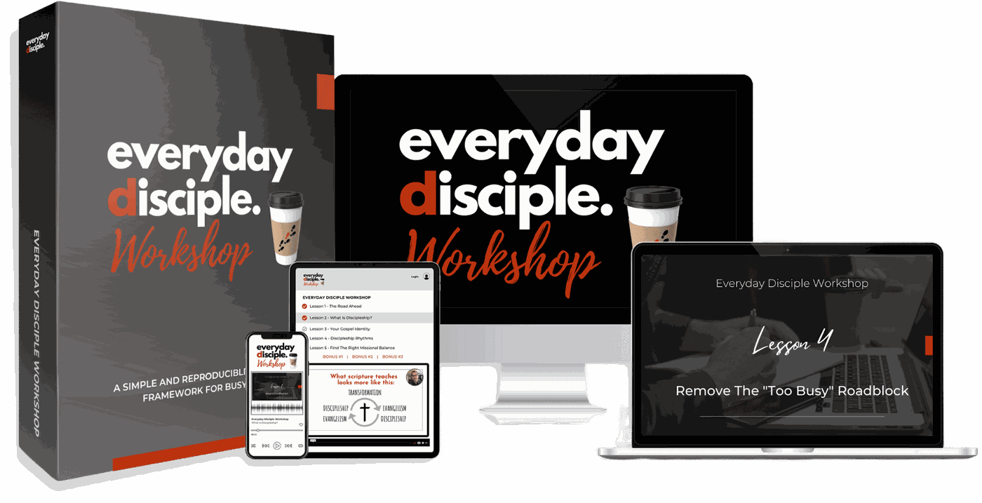 The Everyday Disciple Workshop shown on a desktop, laptop, tablet and phone, beside the boxed workshop