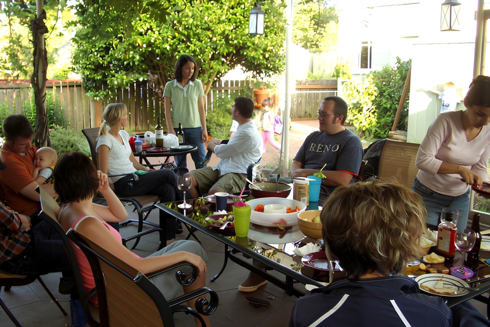 A yard full of people sharing a meal together, kids and adults around the table