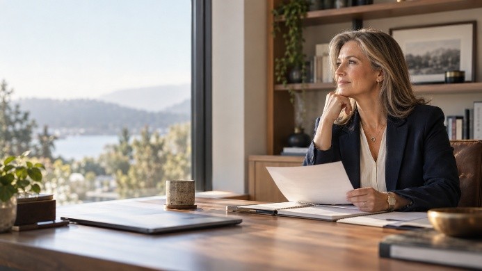 Business owner reflecting at her desk