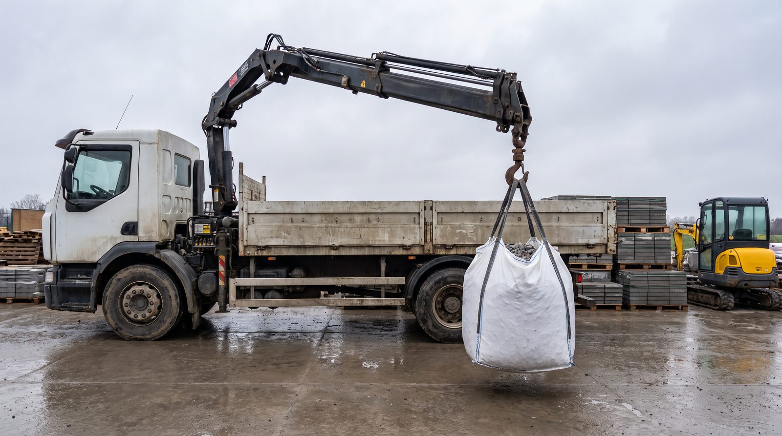 Samochód z HDS rozładowuje big bag z kamieniem na placu firmy budowlanej
