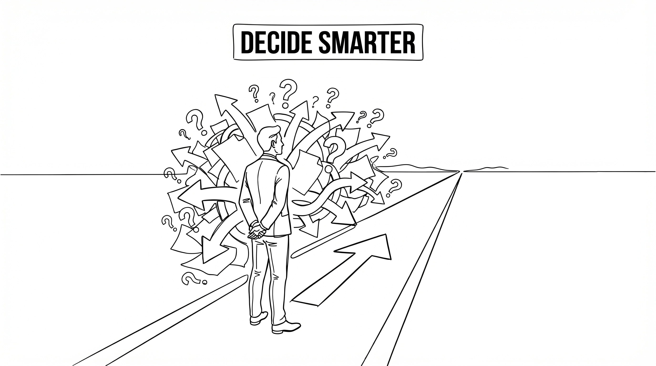 Sketch illustration of an entrepreneur standing at a clear forward path, leaving behind a chaotic pile of arrows and question marks — representing decision strategy for entrepreneurs.