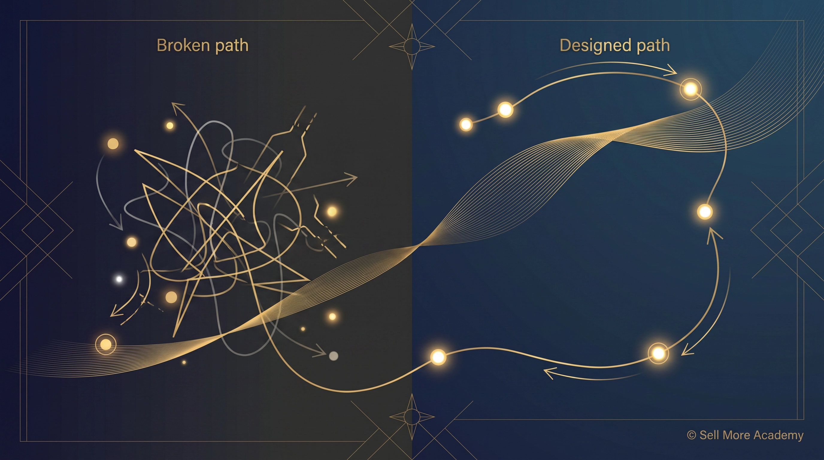 Visual comparison of a tangled broken customer journey turning into a clean guided path with glowing milestones and directional flow. Visual comparison of a tangled broken customer journey turning into a clean guided path with glowing milestones and directional flow.