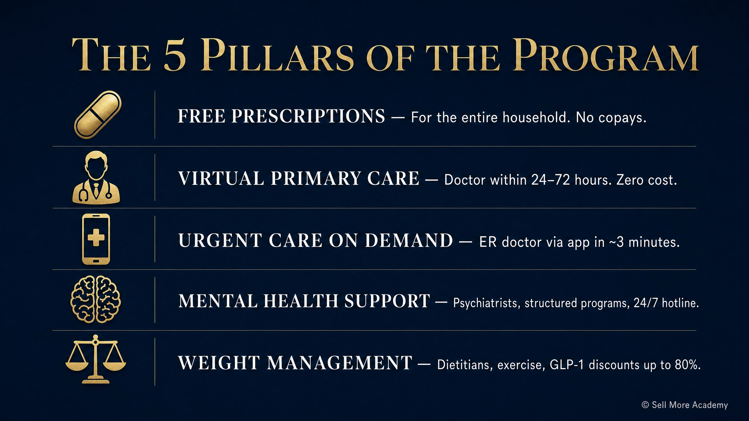 Infographic showing the 5 Pillars of the EHP Program: Free Prescriptions for the entire household, Virtual Primary Care within 24 to 72 hours, Urgent Care on Demand via app in 3 minutes, Mental Health Support with psychiatrists and 24/7 hotline, and Weight Management with GLP-1 discounts up to 80%