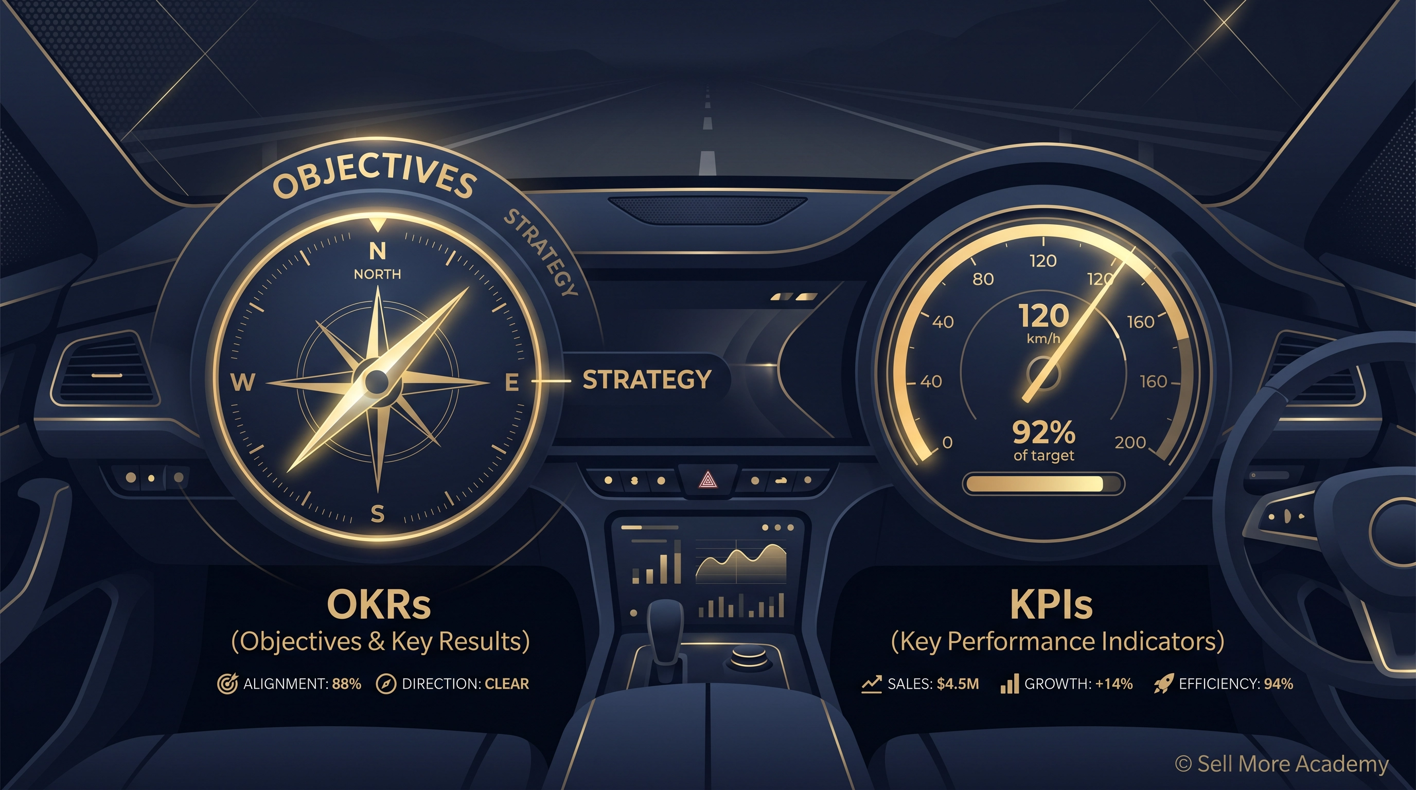 A car dashboard illustration showing a compass and speedometer side by side, representing the difference between OKRs (direction) and KPIs (speed) in business measurement.