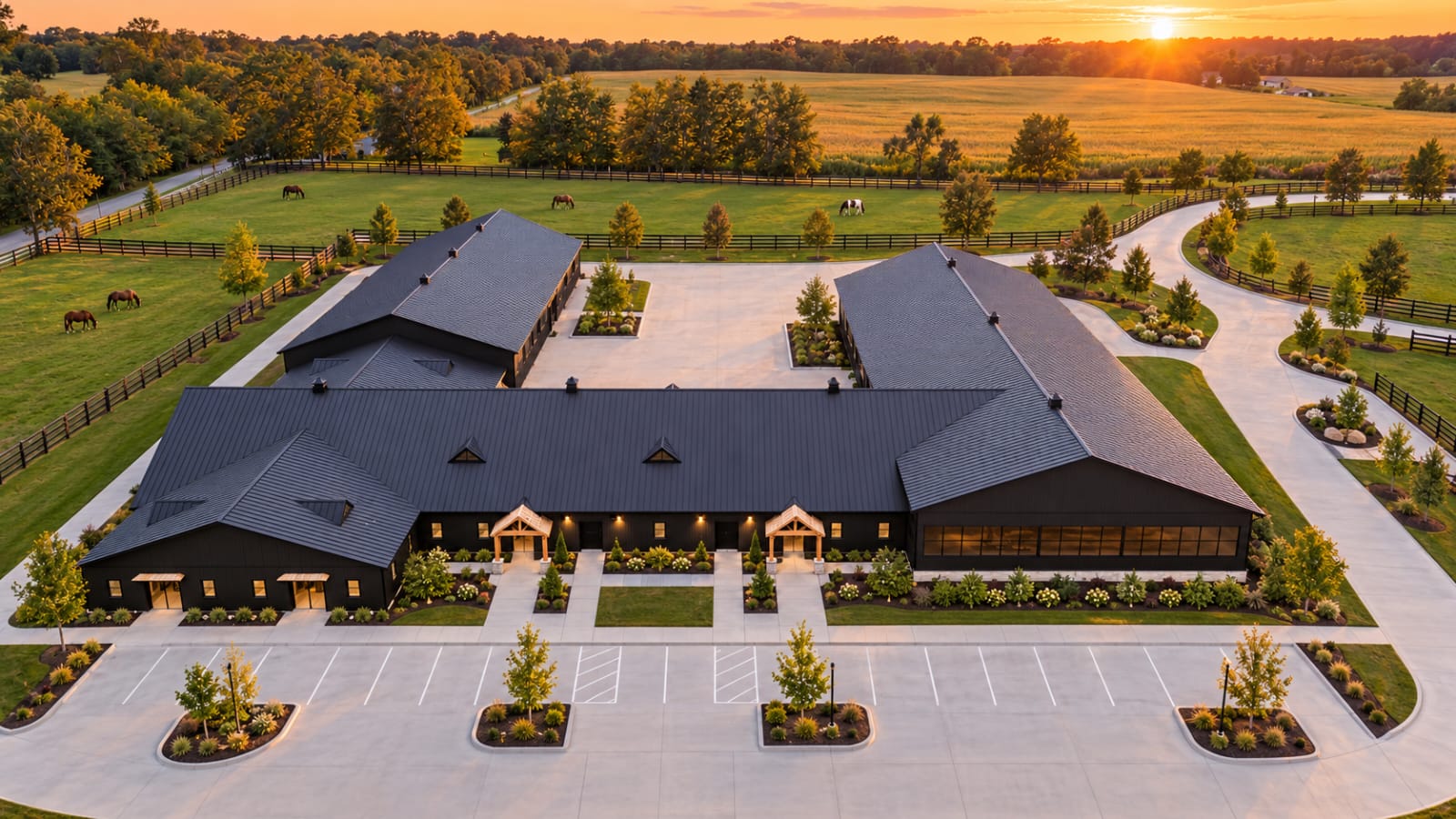 Aerial view of the Azores Stables facility at sunset — barns, paddocks and courtyard