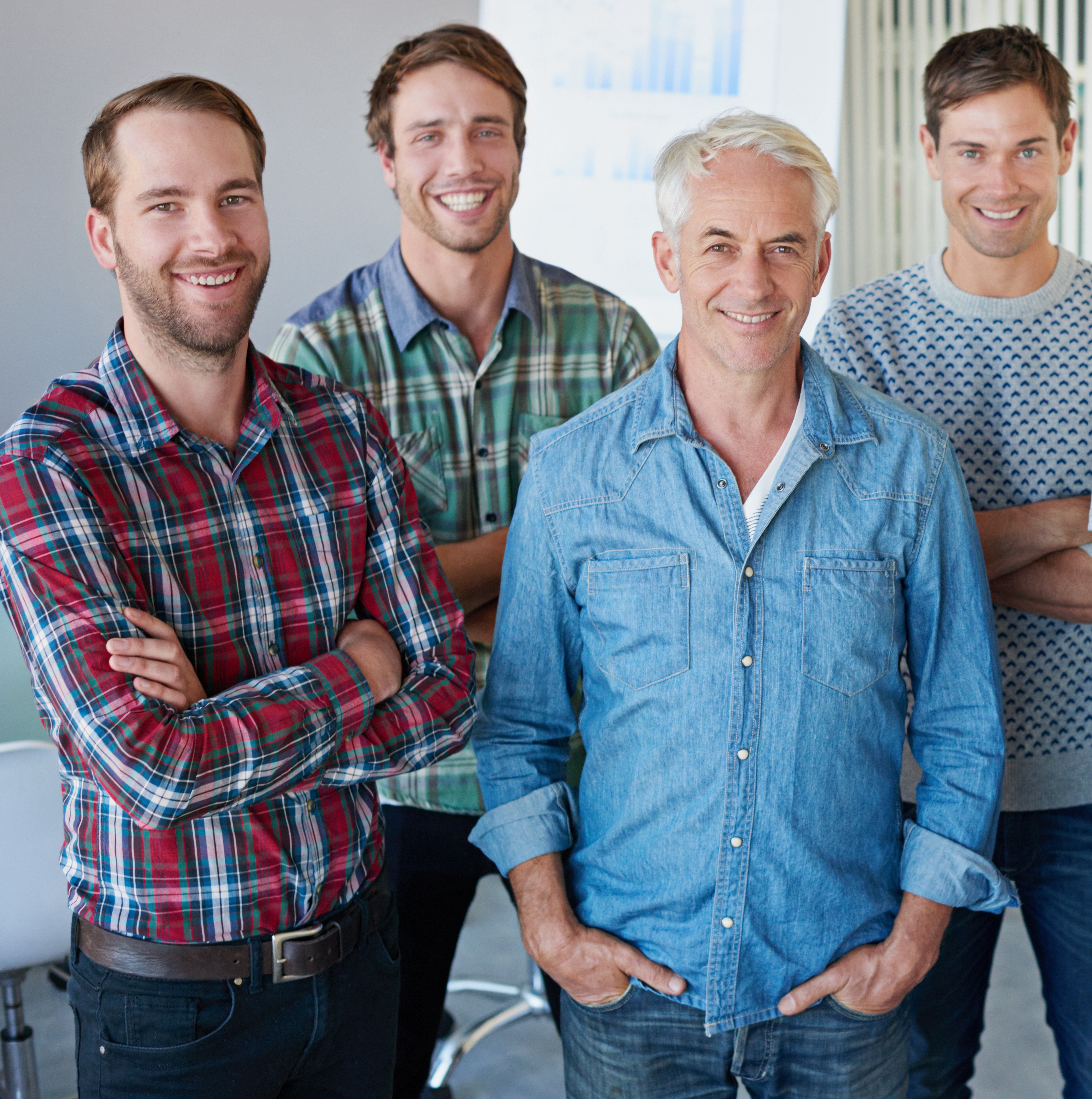 Group of confident Caucasian males with distinct features