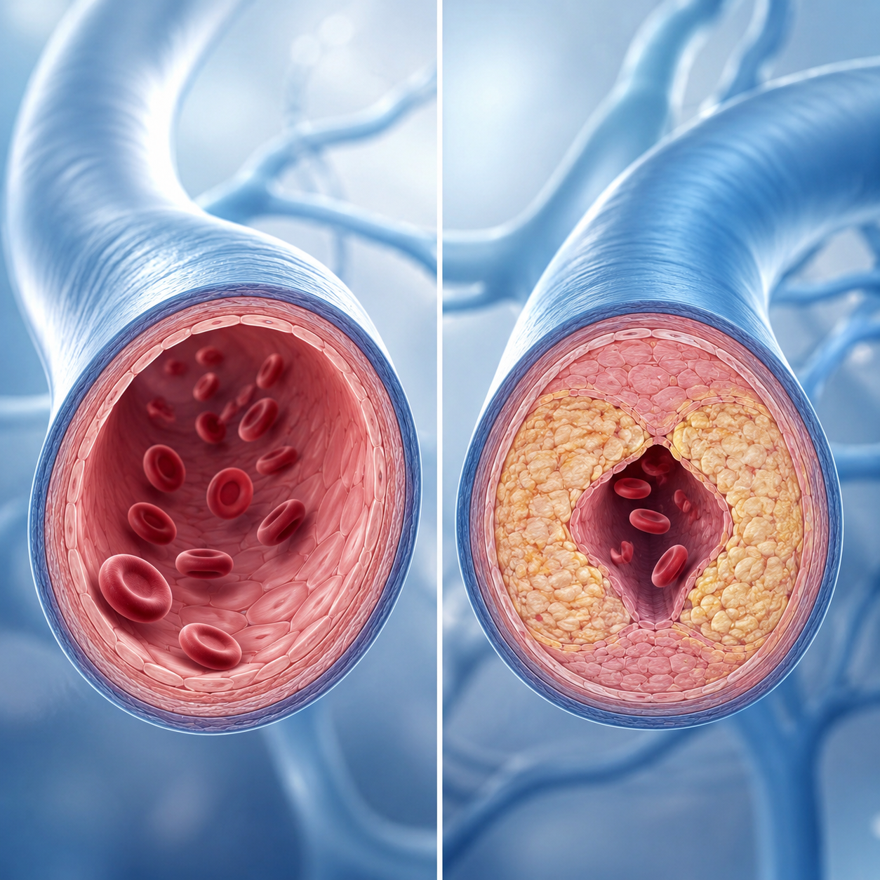 Side-by-side medical illustration comparing a healthy open blood vessel with a plaque-narrowed blood vessel.
