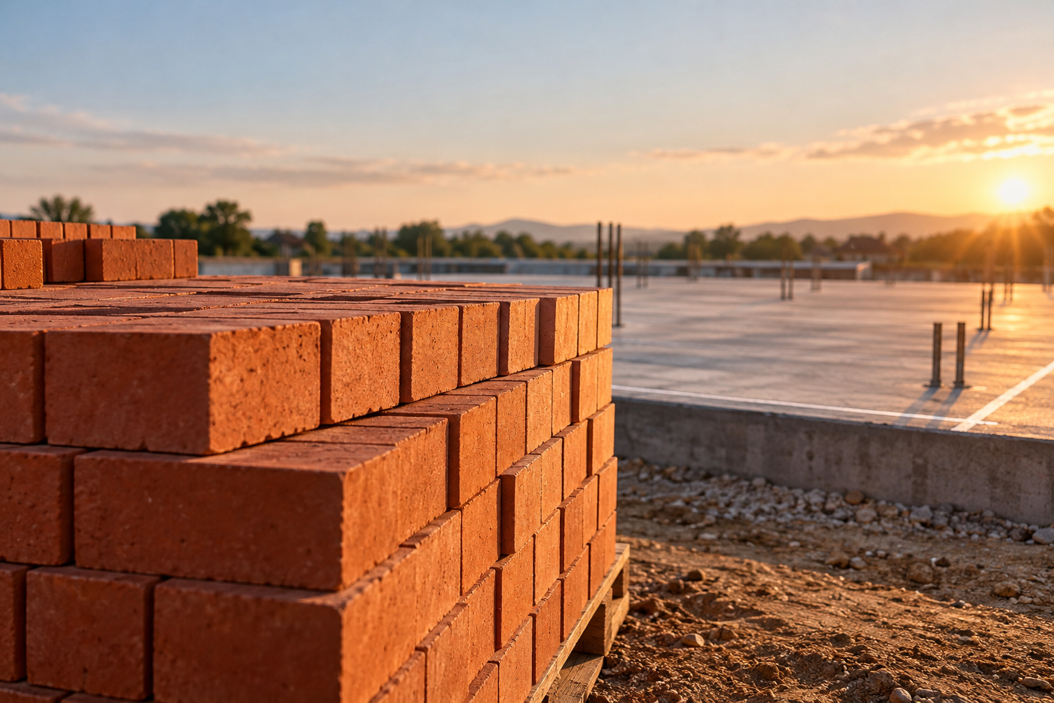 Neatly stacked red clay bricks on a wooden pallet at a construction site, with a concrete foundation and wall layout markings illuminated by golden-hour sunlight.