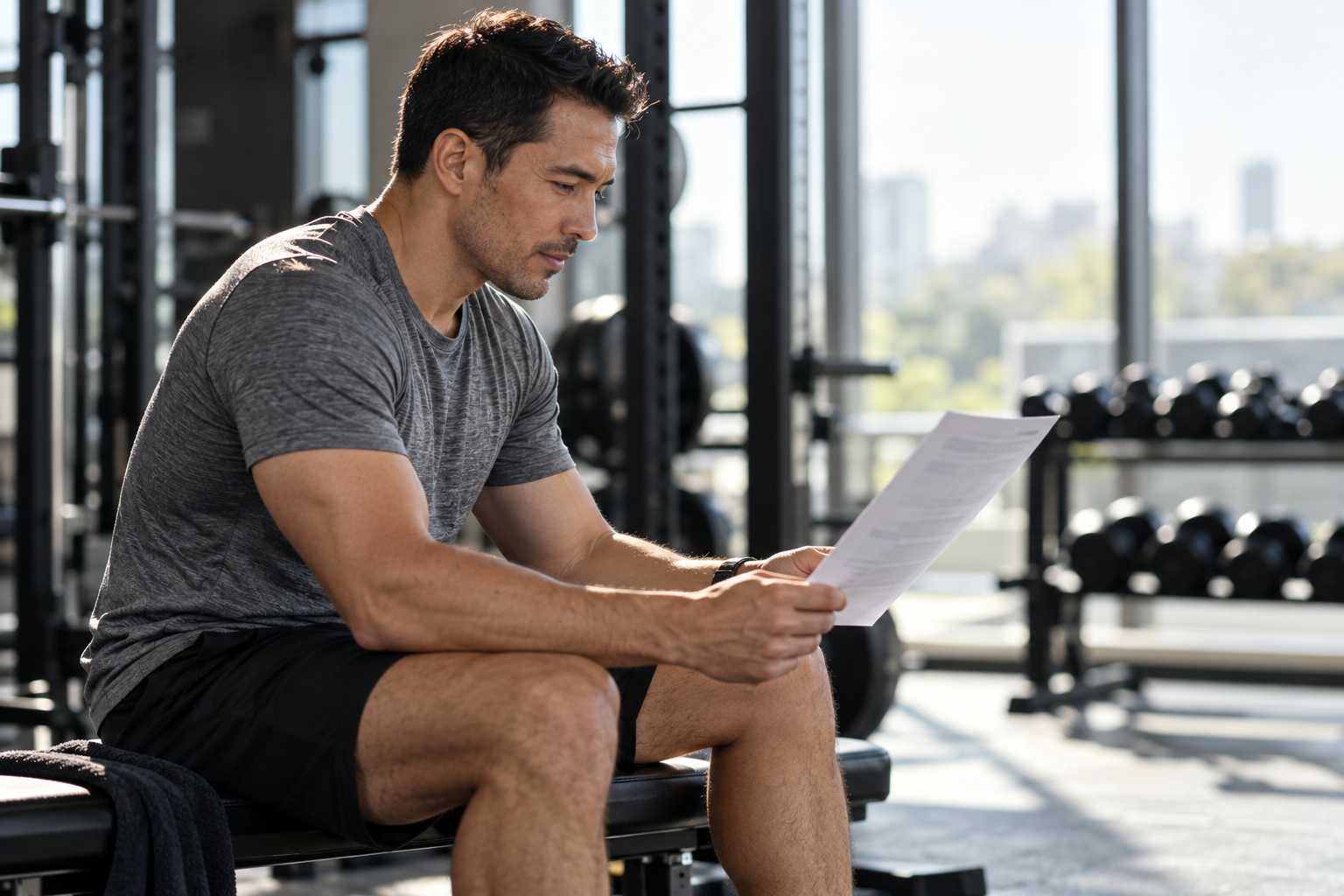Fit man in his 40s sitting on a gym bench reviewing a printed lab results sheet after a workout