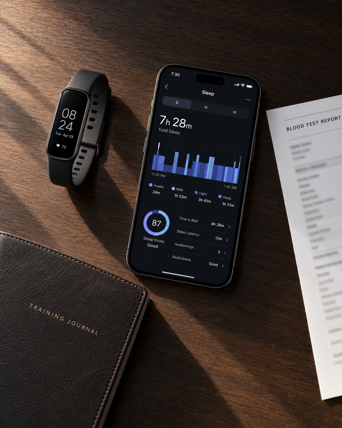 Fitness tracker, sleep data, training log, and blood test report on a desk Fitness tracker, sleep data, training log, and blood test report on a desk