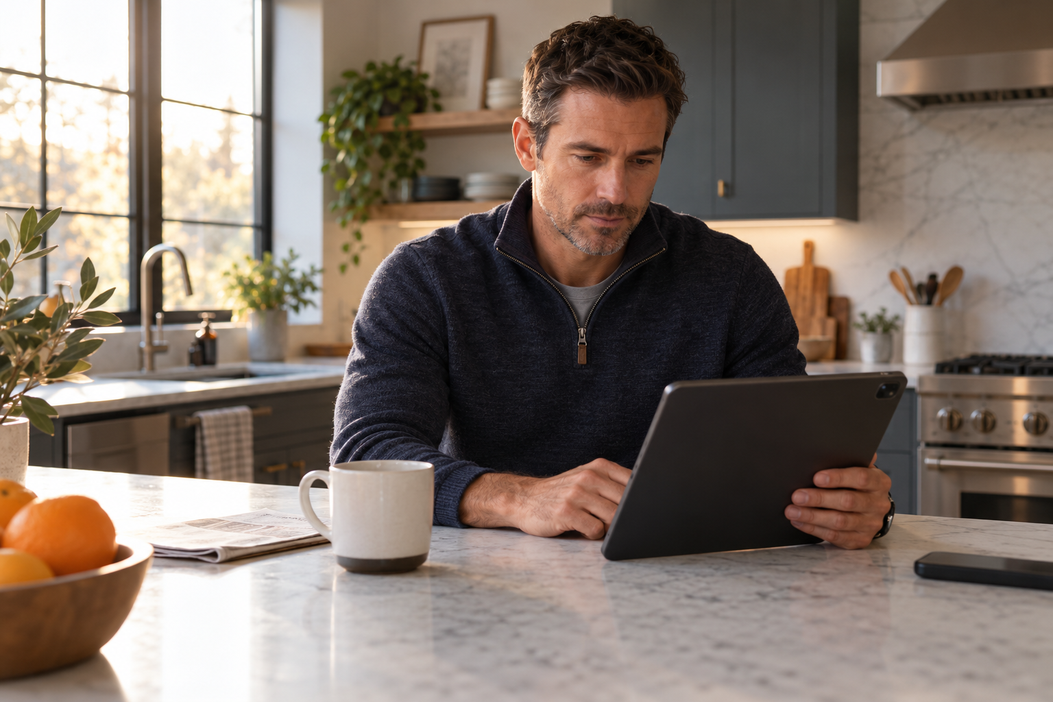 Man in his 40s calmly reviewing health information over morning coffee Man in his 40s calmly reviewing health information over morning coffee