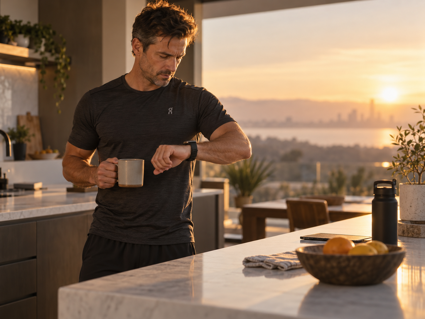 Man in his 40s in a kitchen at dawn checking his sleep and recovery score on a fitness smartwatch Man in his 40s in a kitchen at dawn checking his sleep and recovery score on a fitness smartwatch