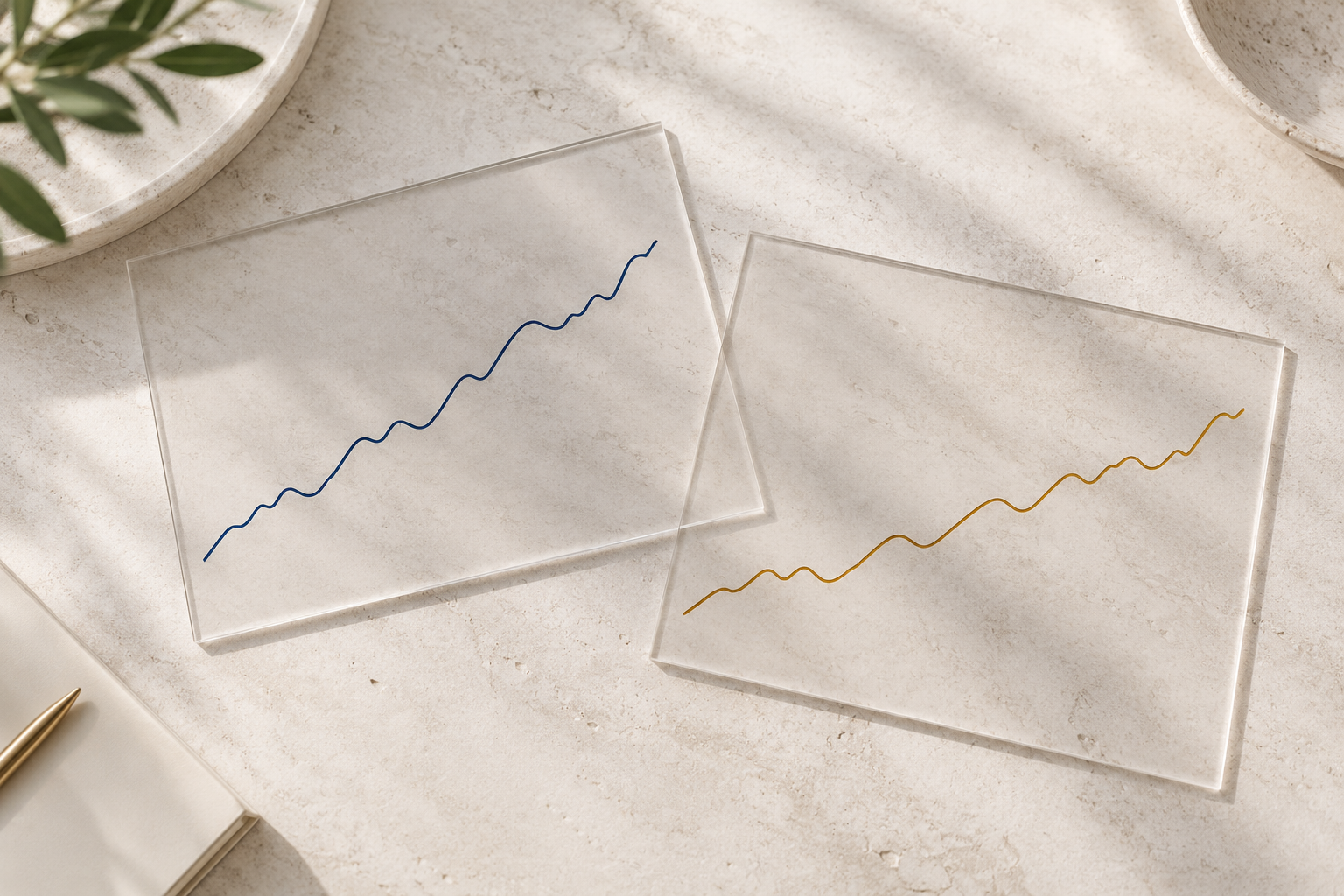 Two overlapping line graphs on clear acrylic sheets showing nearly identical patterns, representing thyroid and testosterone symptoms Two overlapping line graphs on clear acrylic sheets showing nearly identical patterns, representing thyroid and testosterone symptoms