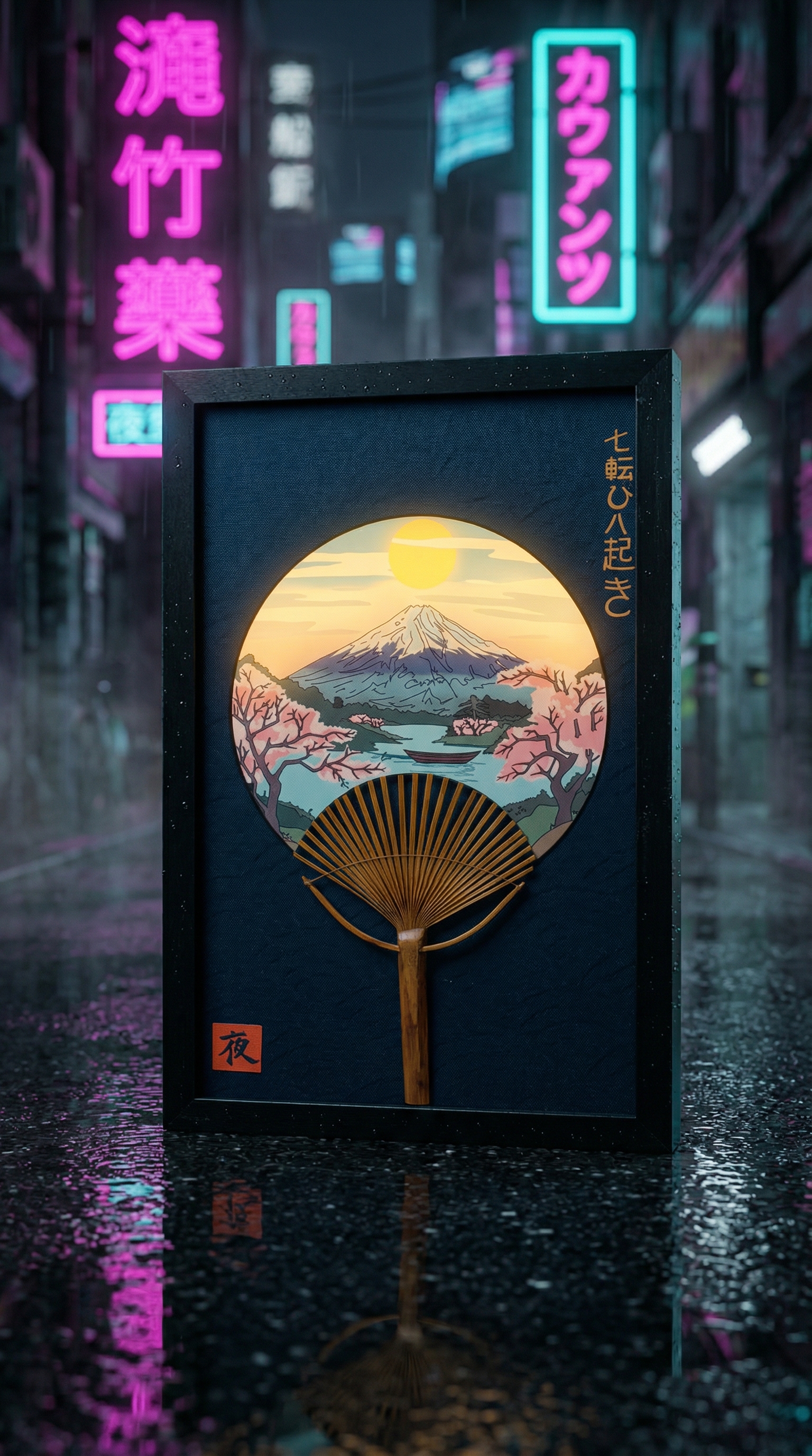 Wall art in a cyberpunk alley with neon rain