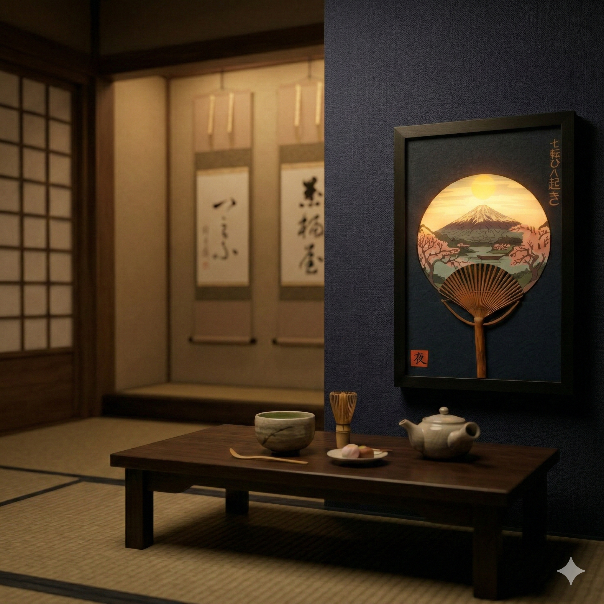 Wall art in a traditional Japanese room with tatami and tea