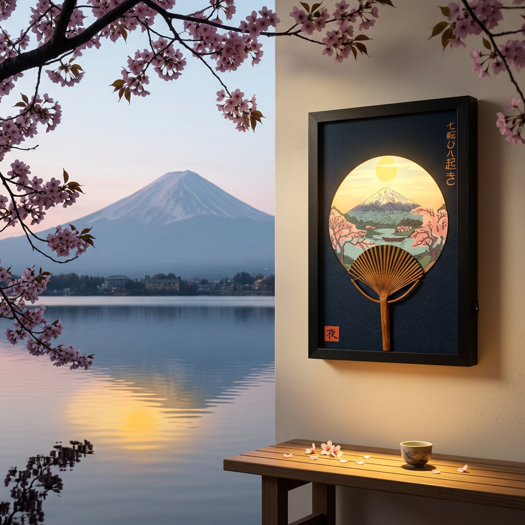 Wall art near bench overlooking lake with sakura