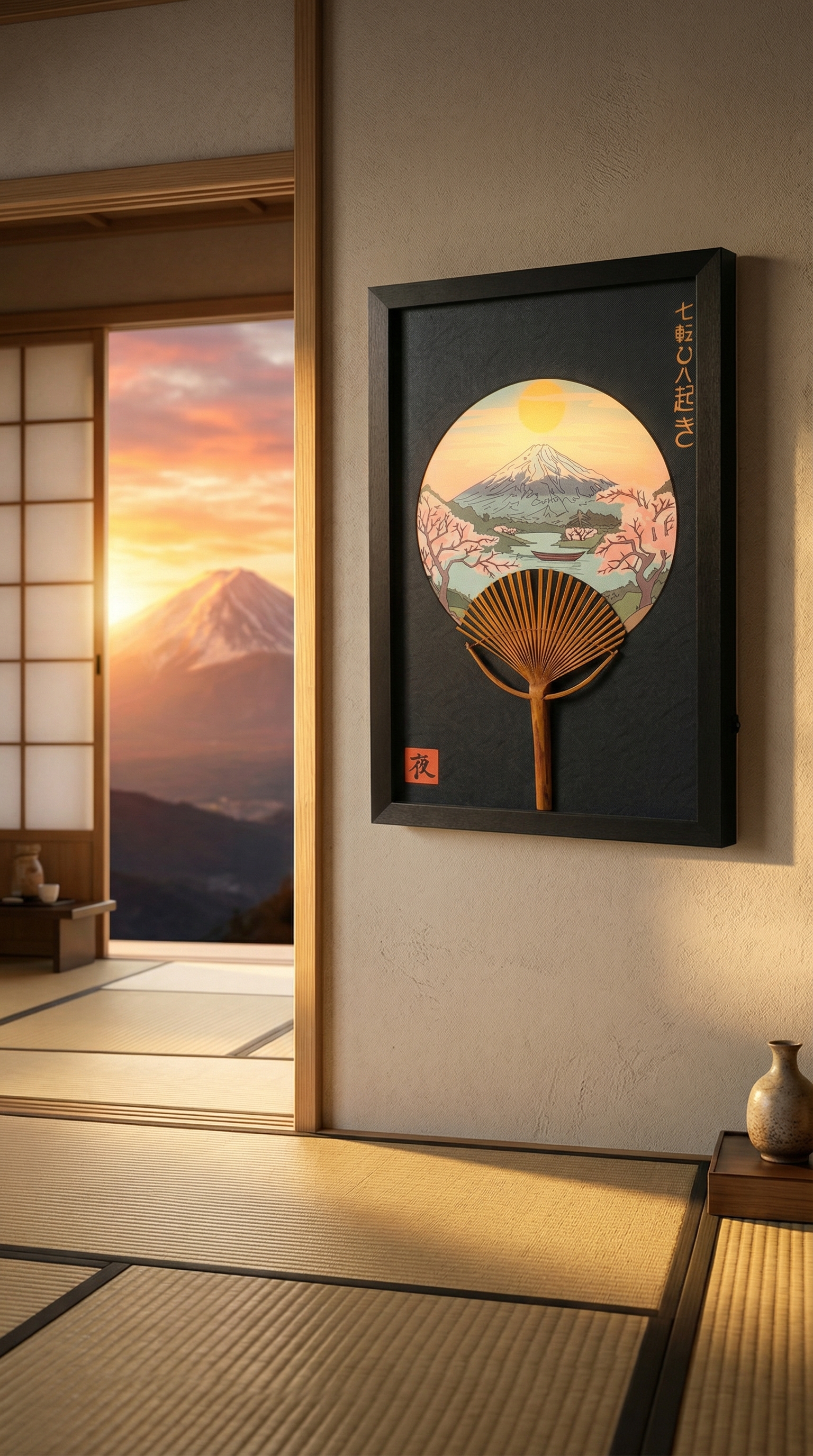 Wall art in Japanese interior with warm sunset