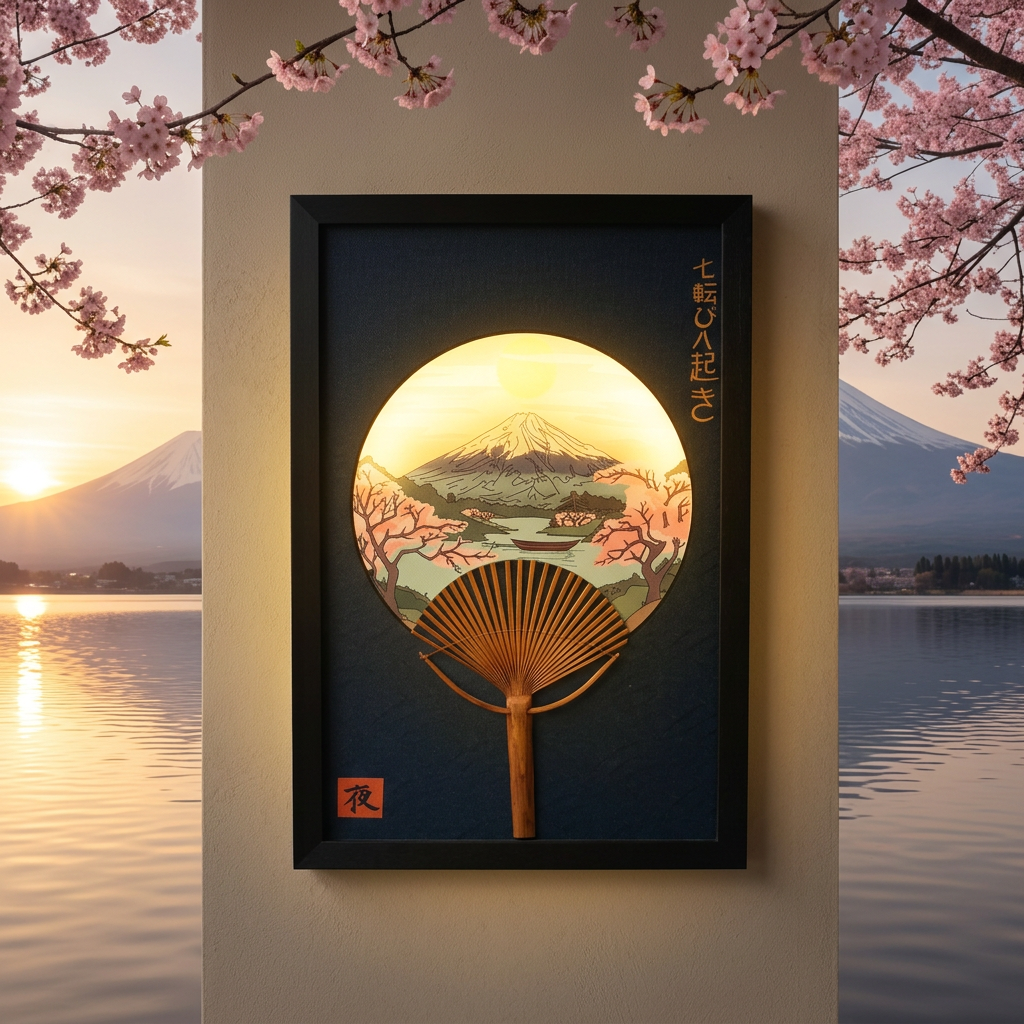 Wall art on a pillar by a lake with sakura and Mount Fuji