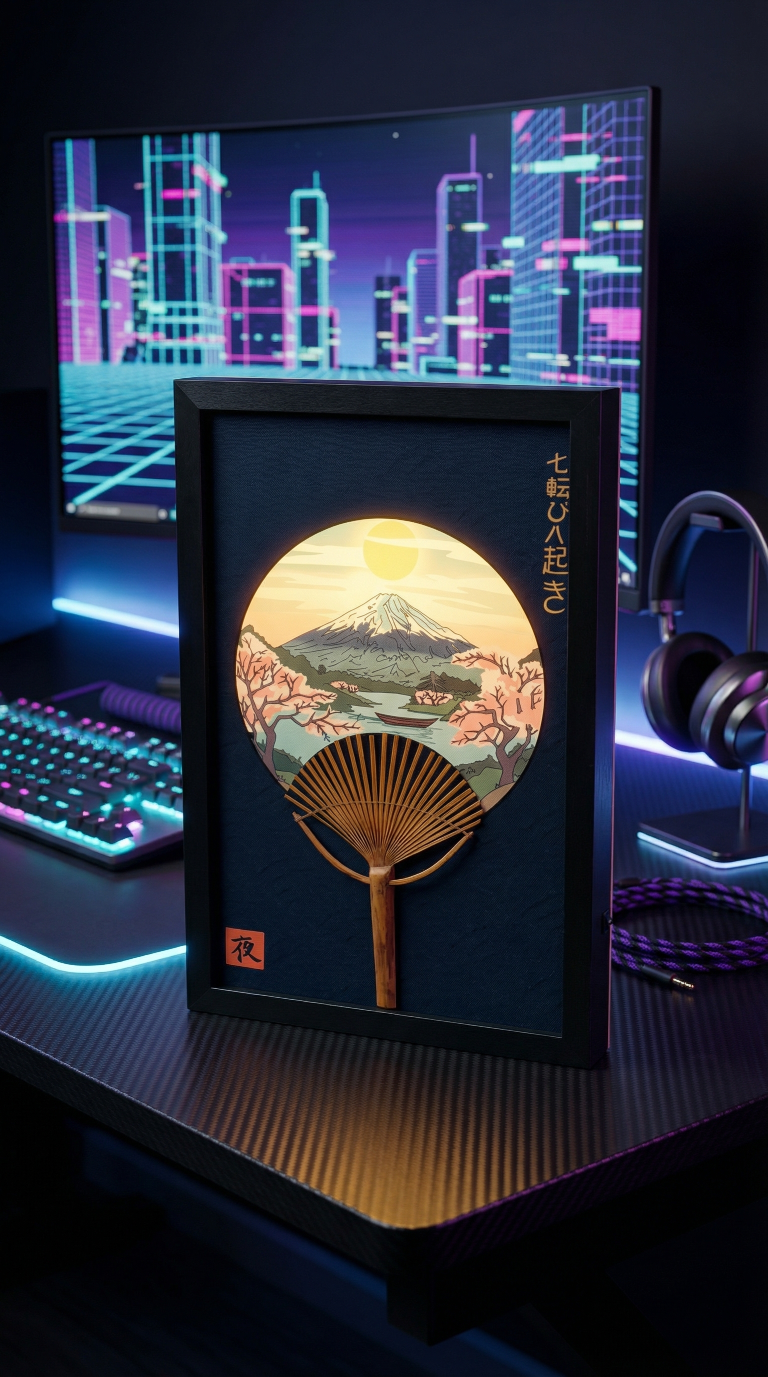 Wall art on a gaming desk with RGB keyboard