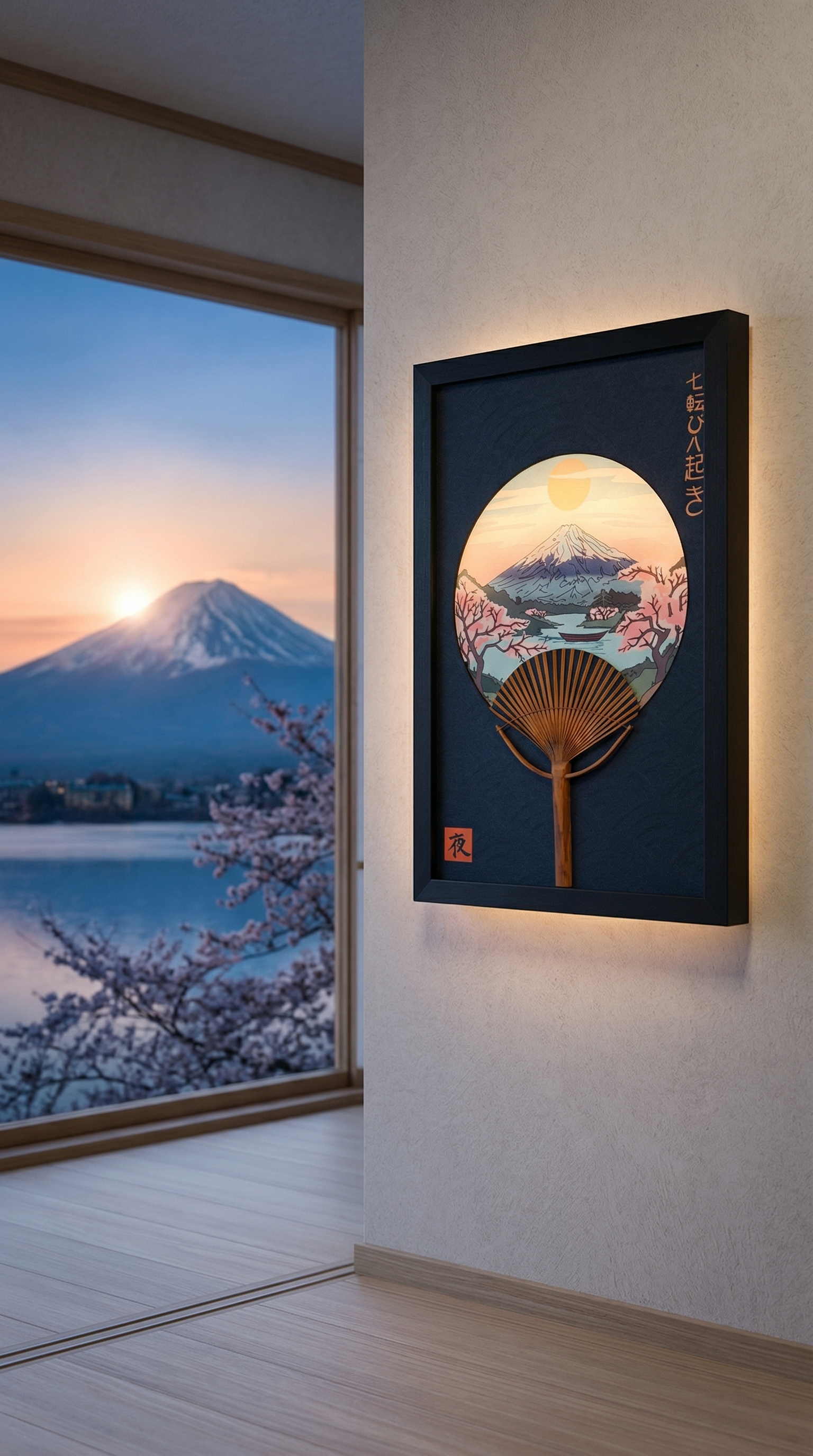 Wall art with Mount Fuji sunrise through window