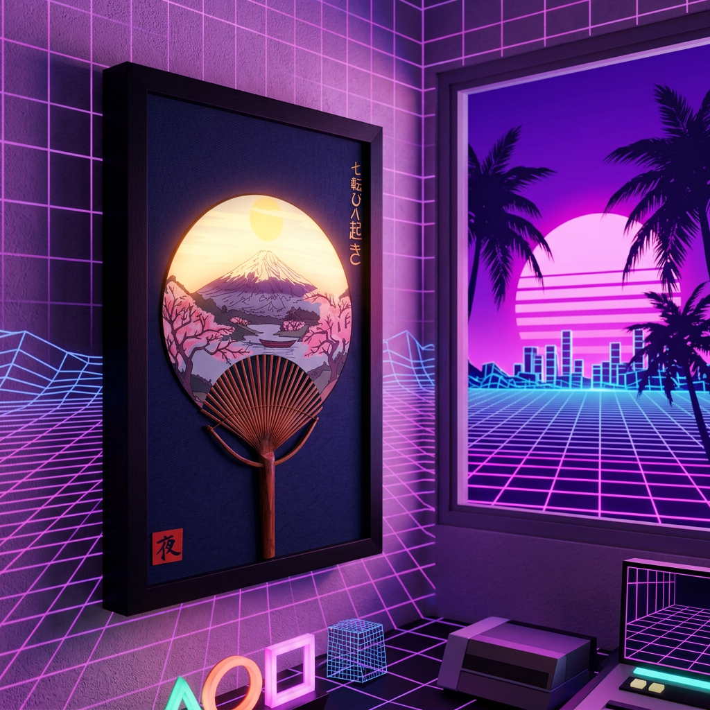 Wall art in a vaporwave neon bedroom