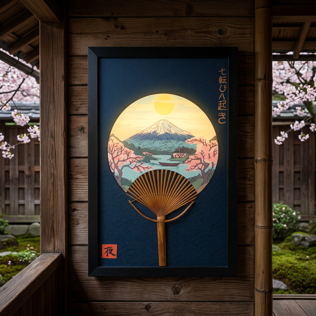 Wall art on a wooden porch with cherry blossoms