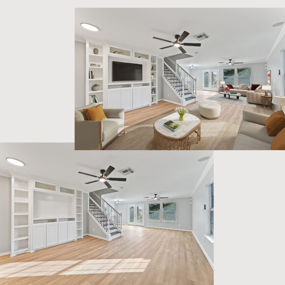 Before and after of an empty room and the same room virtually staged Before and after of an empty room and the same room virtually staged