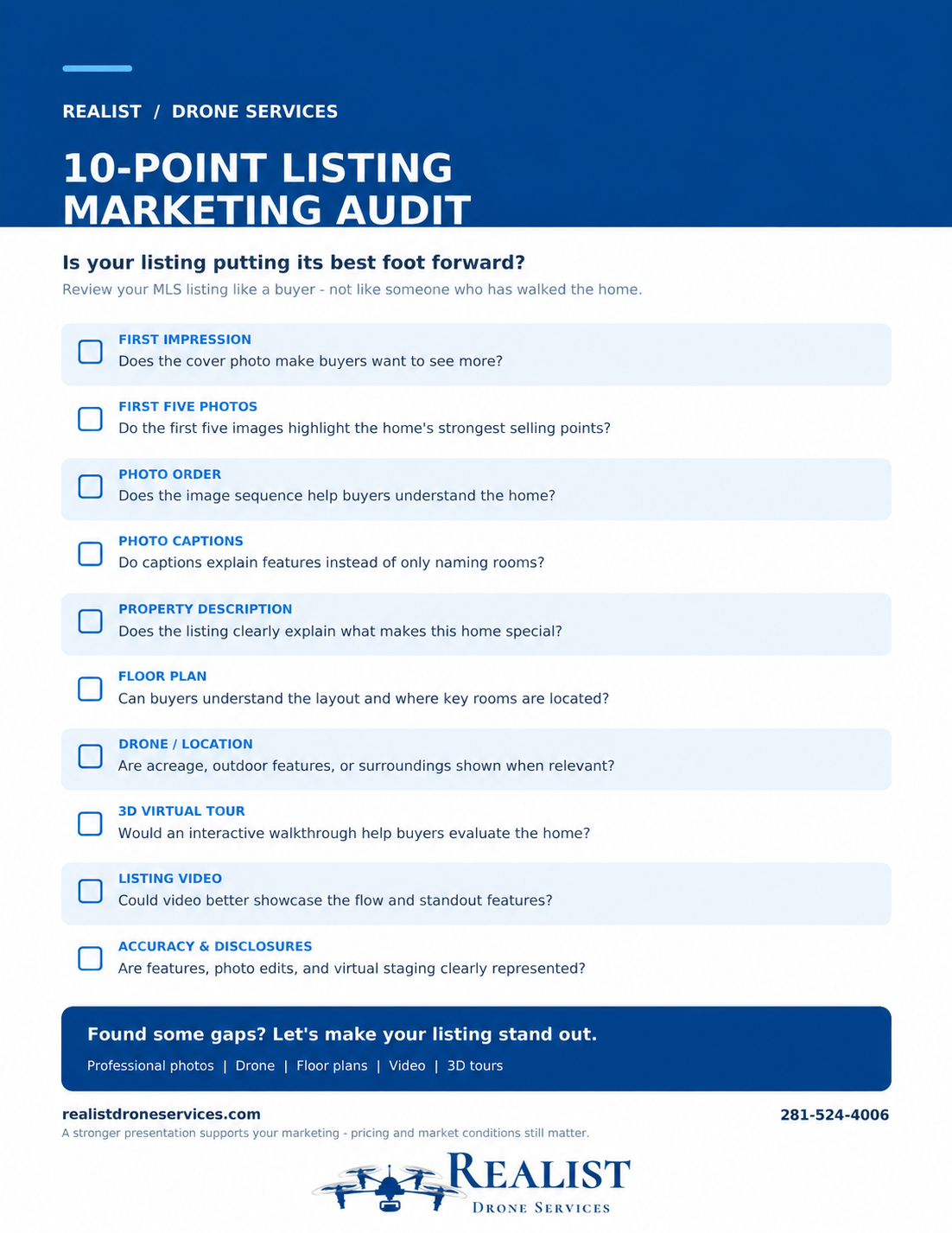 10-point listing marketing audit checklist from Realist Drone Services 10-point listing marketing audit checklist from Realist Drone Services