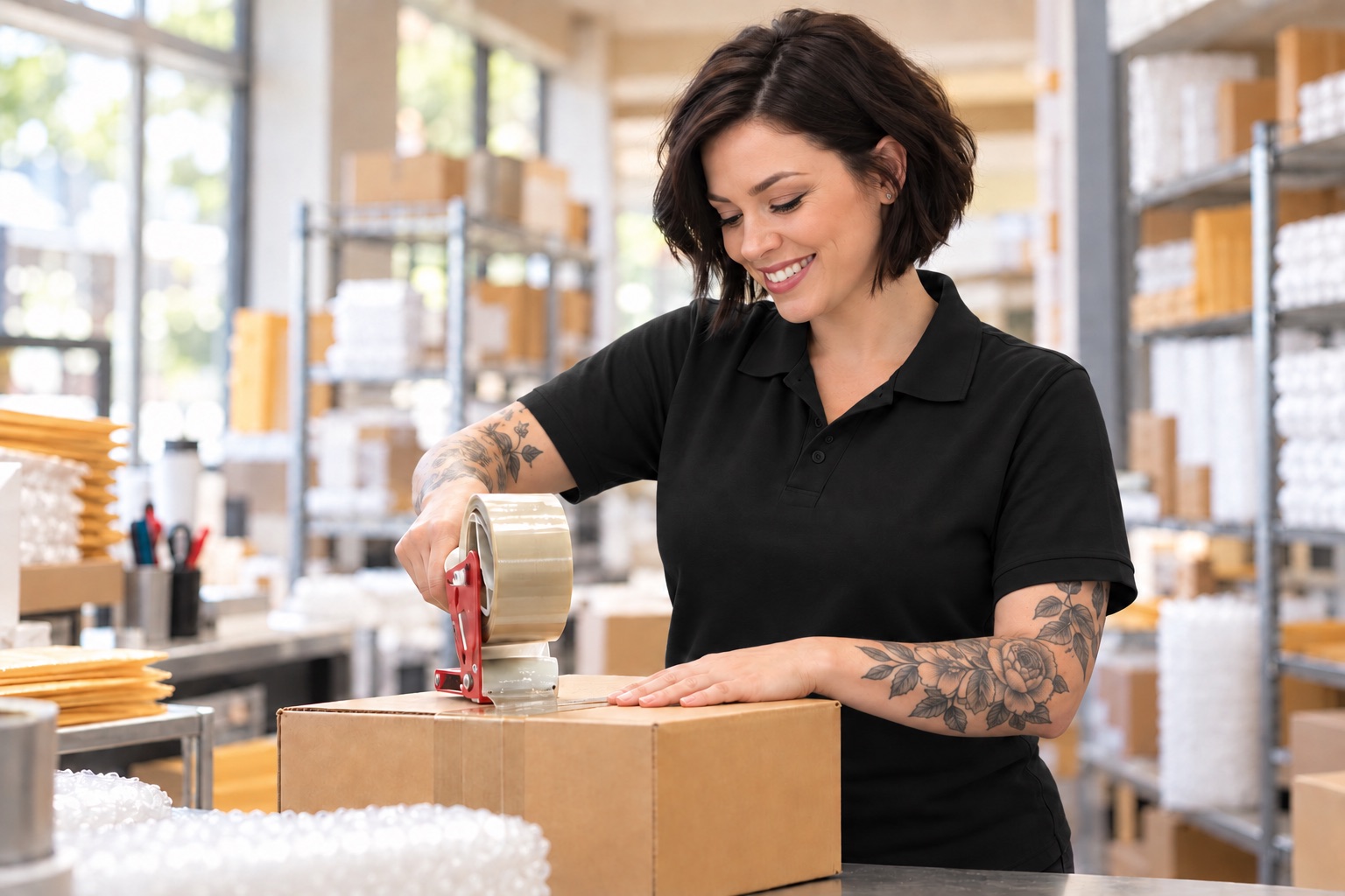 Staff member taping up a shipment box