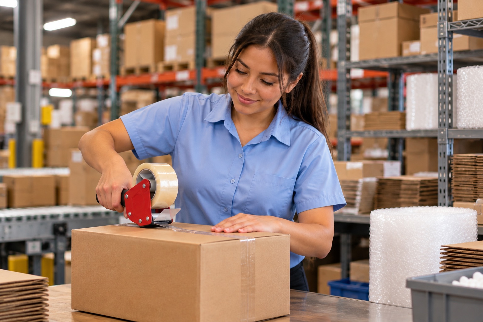 Staff member sealing a cardboard shipping box