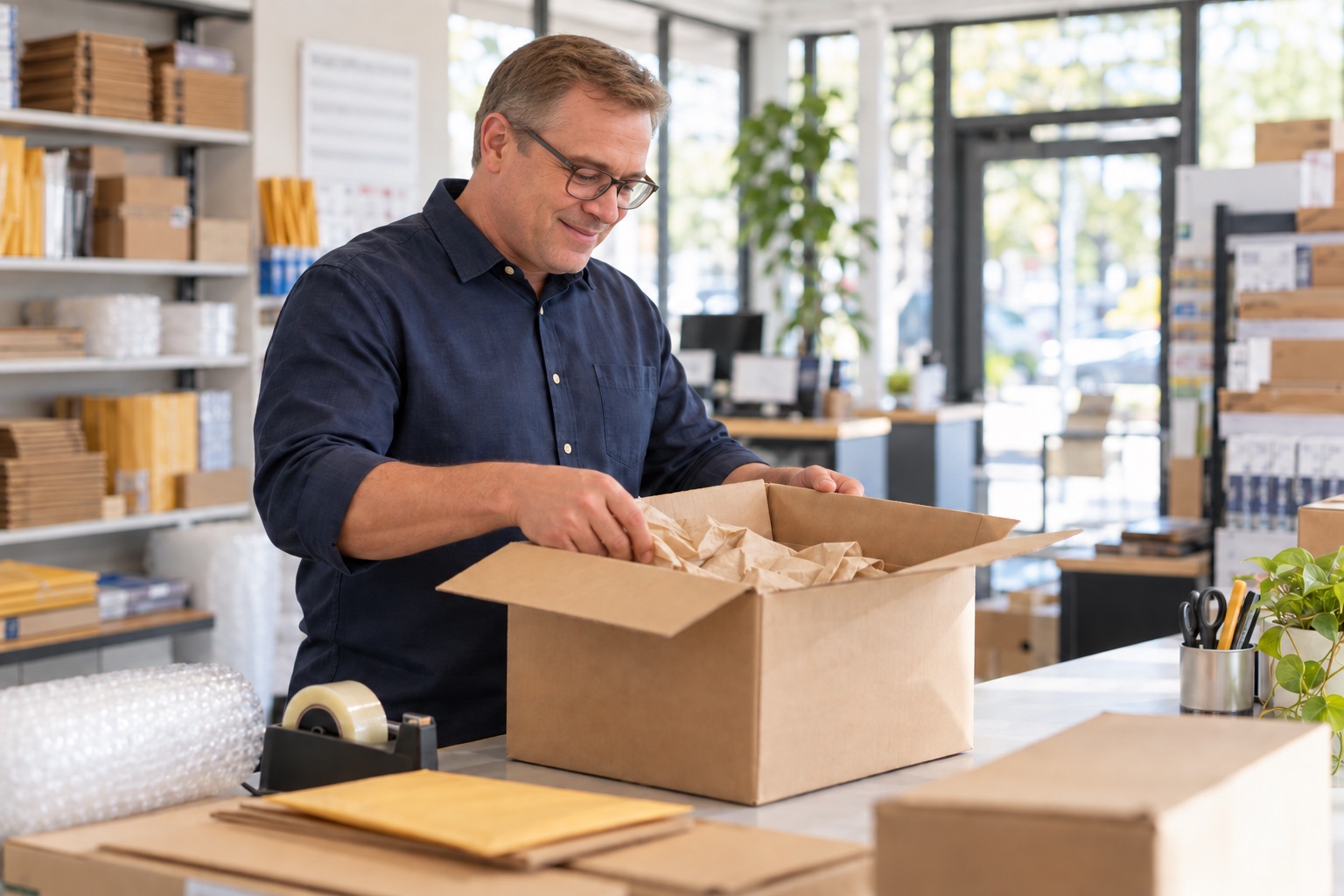 Shop worker opening a package