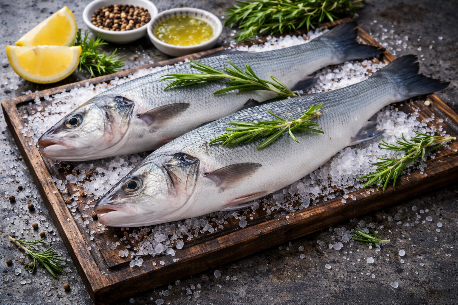 Darnes de saumon frais assaisonnées d'aneth et de poivre avec tomates grappes et ail sur une ardoise, représentant la qualité des produits de la mer disponibles à Rungis, France.