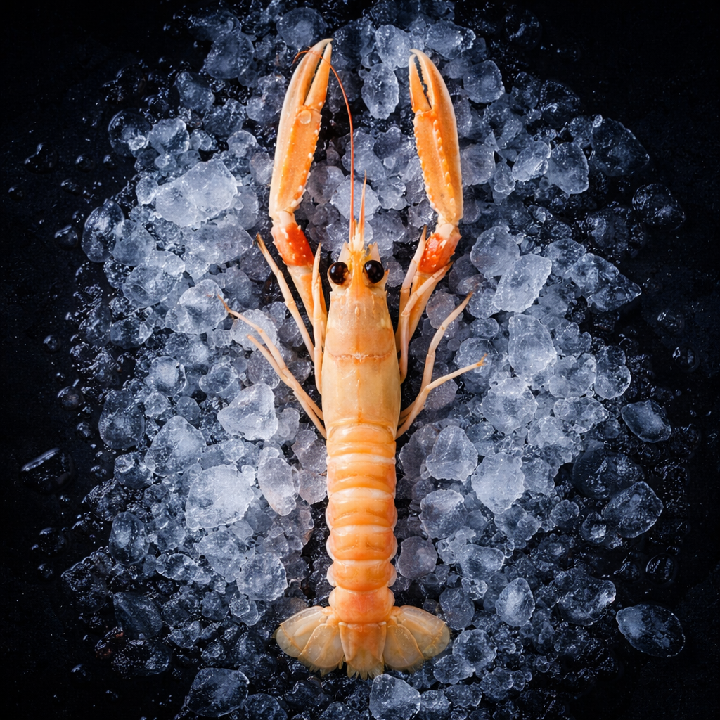 Combinaison visuelle d'écrevisses rouges cuites avec aneth et d'un écrevisse bleue vivante en aquarium, illustrant la fraîcheur et la diversité des crustacés au marché de Rungis en France.