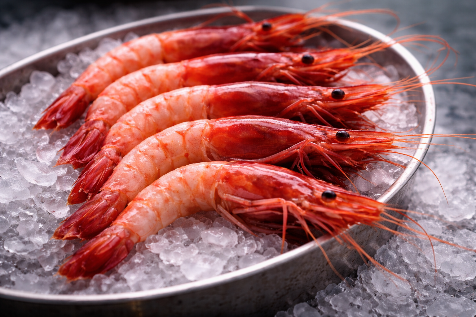 Présentation gastronomique d'écrevisses rouges sur assiette avec tomates cerises et piment, arrivage quotidien de crustacés à Rungis, France.